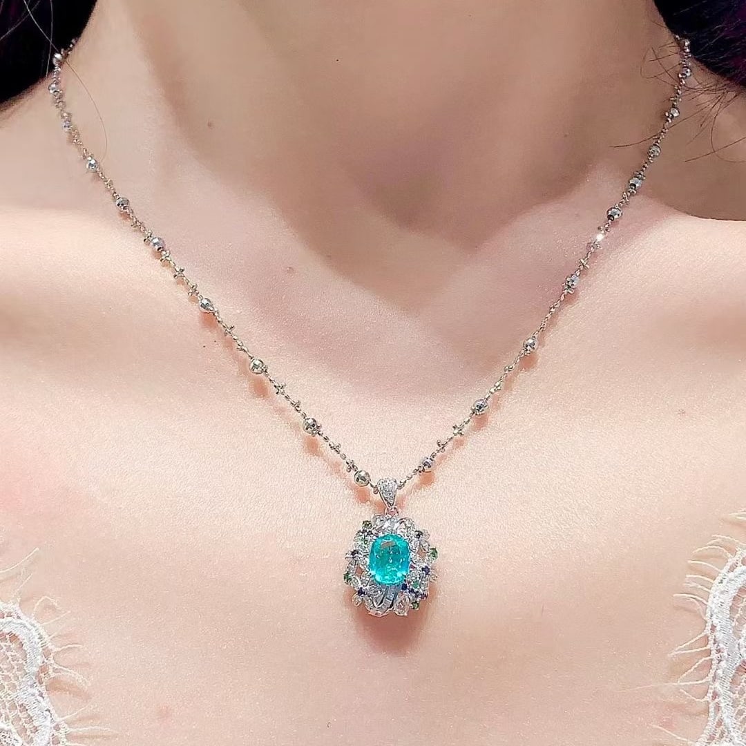 14k Gold 0.95 Ct Natural Paraiba Tourmaline & Diamond Pendant( Without Chain ) - 4