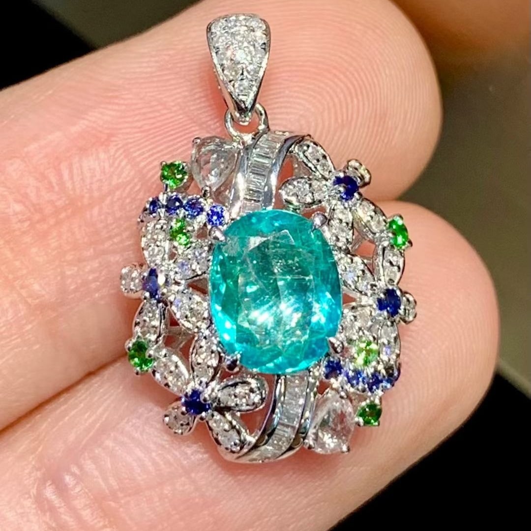 14k Gold 0.95 Ct Natural Paraiba Tourmaline & Diamond Pendant( Without Chain ) - 5