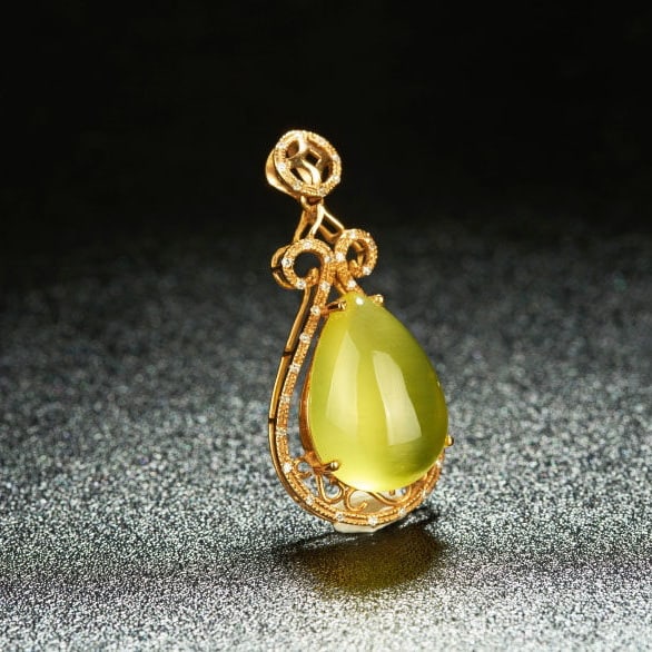 14k Gold 11.4 Ct Natural Prehnite & Diamond Pendant( Without Chain ) - 2