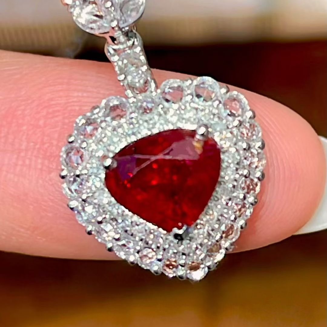 14k Gold 1 Ct Vivid Red Natural Ruby & Sapphire & Diamond Pendant( Without Chain ) - 2