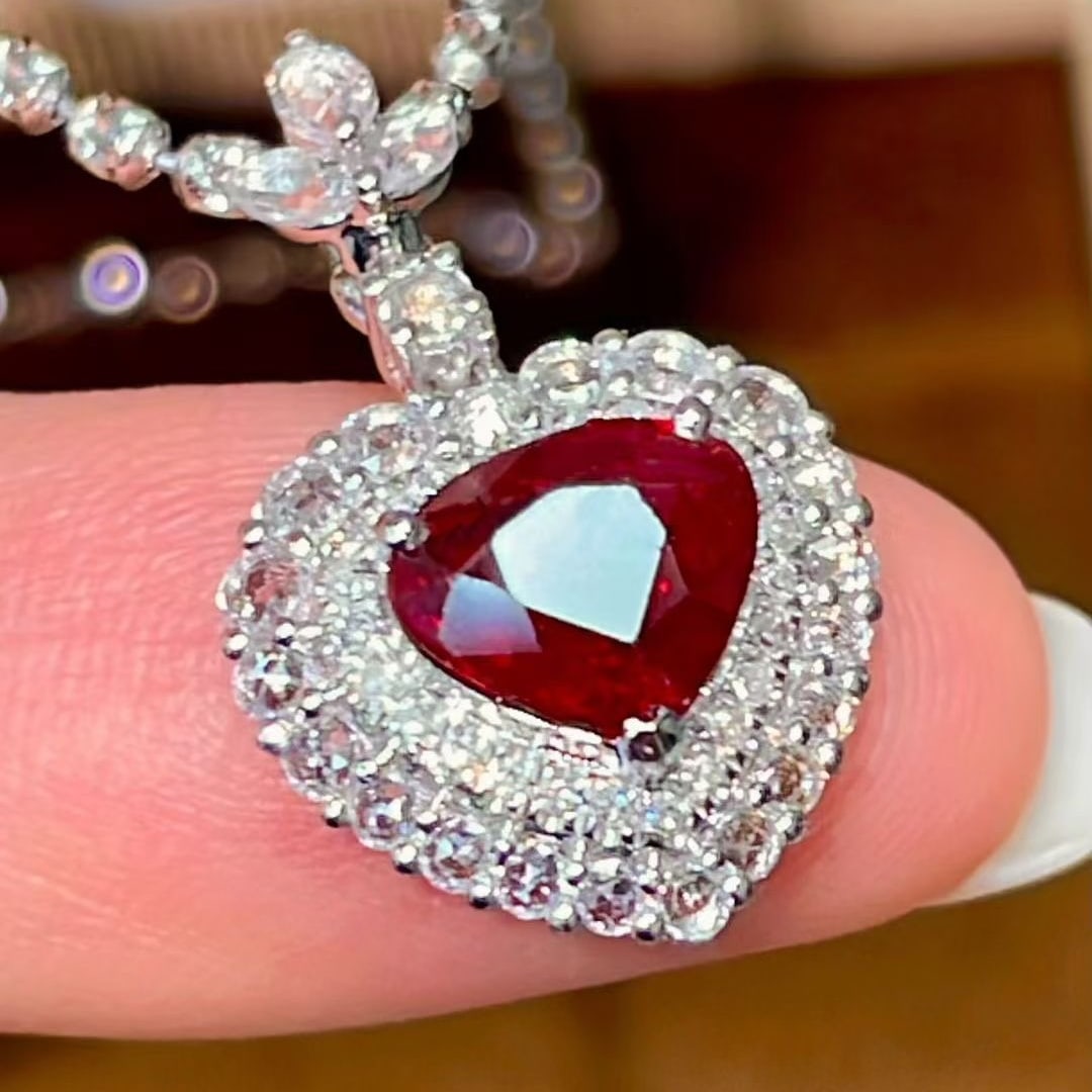 14k Gold 1 Ct Vivid Red Natural Ruby & Sapphire & Diamond Pendant( Without Chain ) - 3