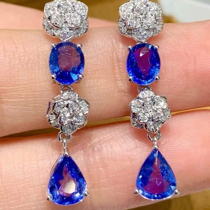 14k Gold 3.5 Ct Natural Sapphire & Diamond Earrings - 2