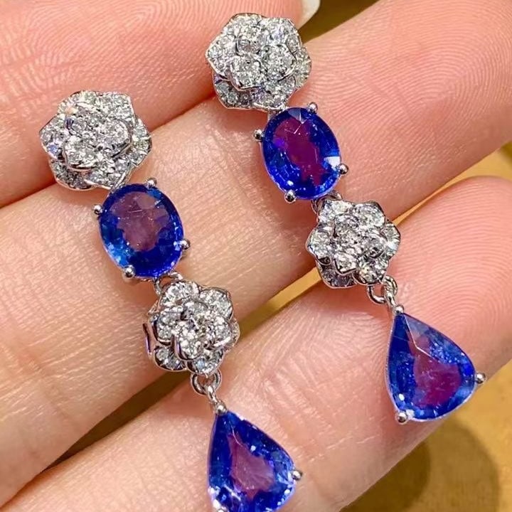 14k Gold 3.5 Ct Natural Sapphire & Diamond Earrings - 4