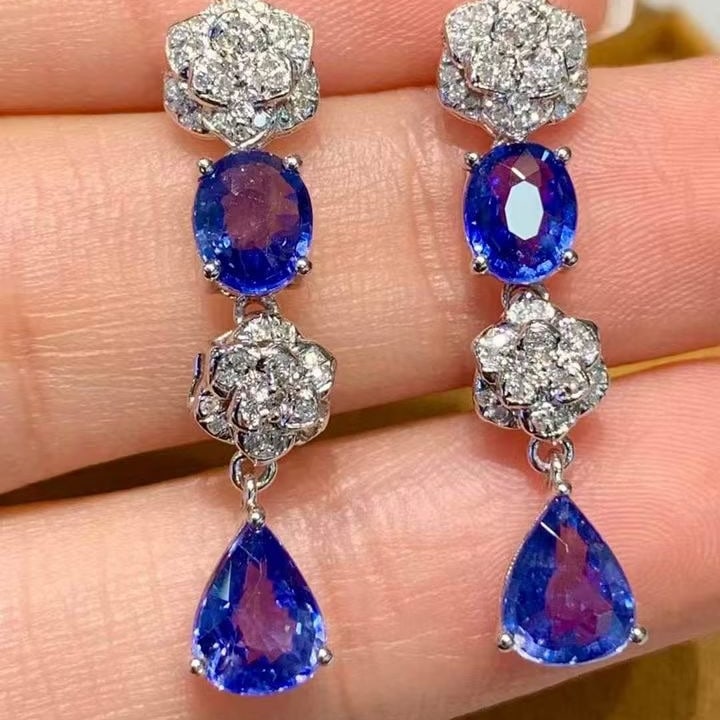 14k Gold 3.5 Ct Natural Sapphire & Diamond Earrings - 5
