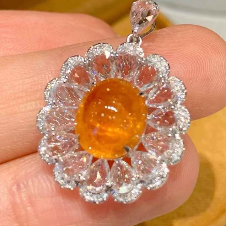 14k Gold 5.2 Ct Natural Spessartine & Diamond & Sapphire Pendant( Without Chain ) - 2