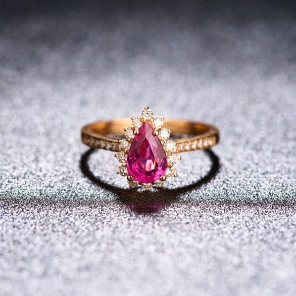 14k Gold 1.34 Ctw Natural Tourmaline & Diamond Ring: Ref:231129153 // gold content:14k gold // ring size:7. 25us // // main gemstone:tourmaline // shape:pear // carat weight:1. 12ct // color:red // treatment:natural // // adjacent gemstone 2 :