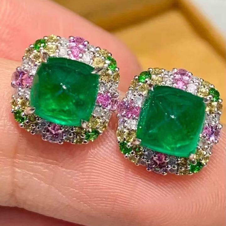 14k Gold 2.4 Ct Vivid Green Natural Emerald & Diamond Earrings - 2