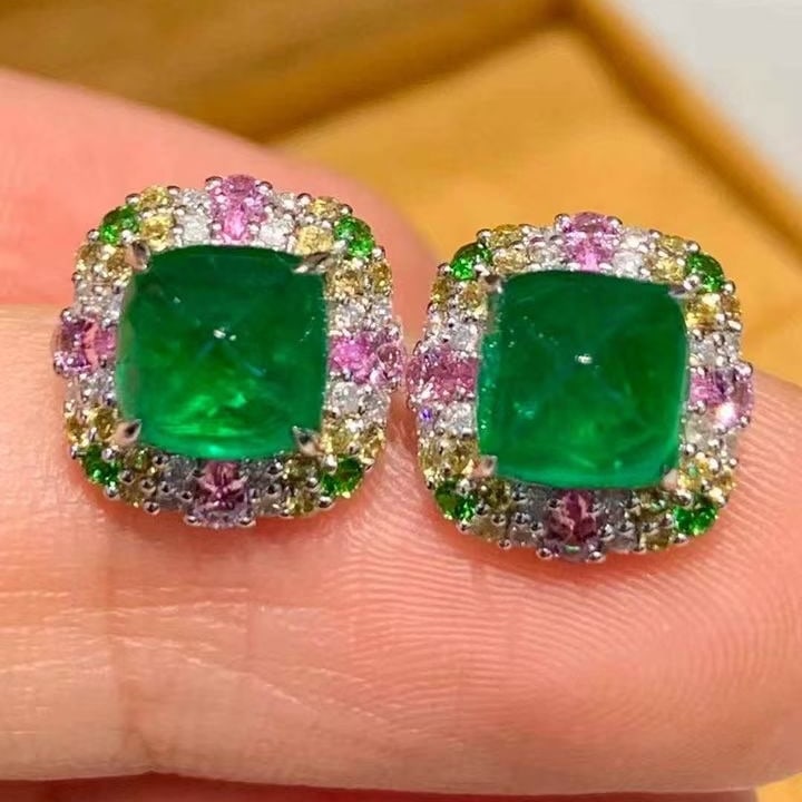 14k Gold 2.4 Ct Vivid Green Natural Emerald & Diamond Earrings - 5