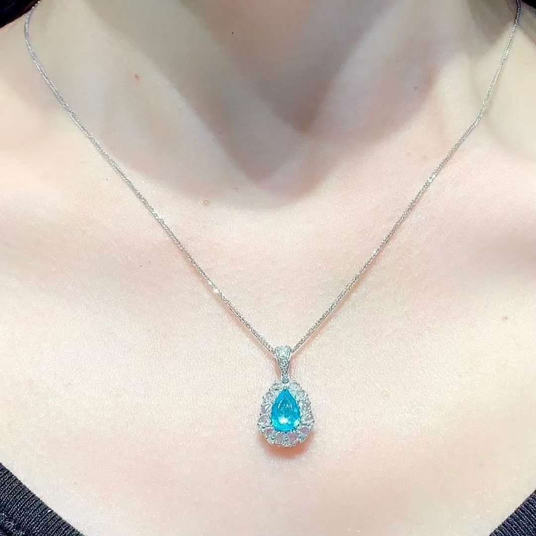 14k Gold 0.6 Ct Natural Paraiba Tourmaline & Diamond & Sapphire Pendant( Without Chain ) - 3