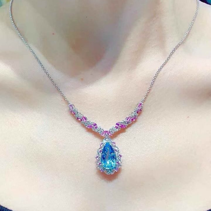 14k Gold 5.29 Ct Natural Aquamarine & Sapphire & Diamond Necklace - 5
