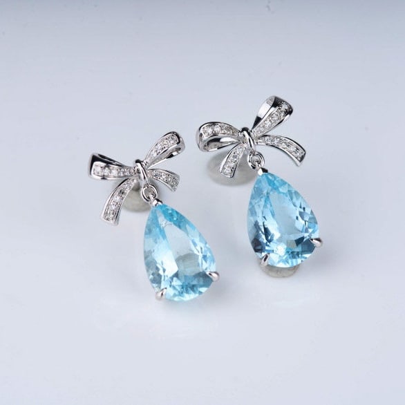 14k Gold 3.58 Ct Natural Aquamarine & Diamond Earrings - 6