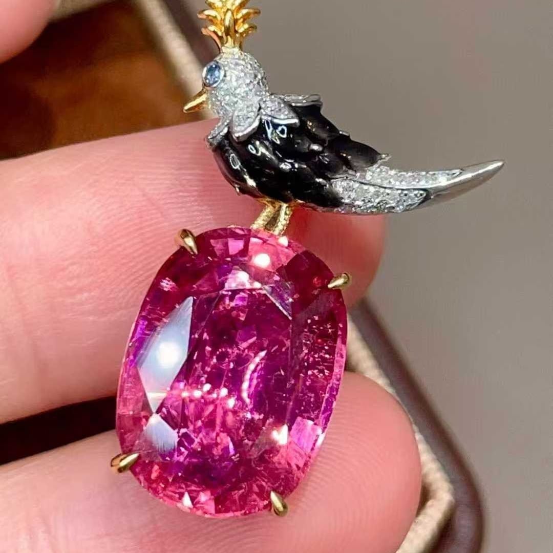 14k Gold 9.05 Ct Natural Tourmaline & Diamond Pendant( Without Chain ) - 2