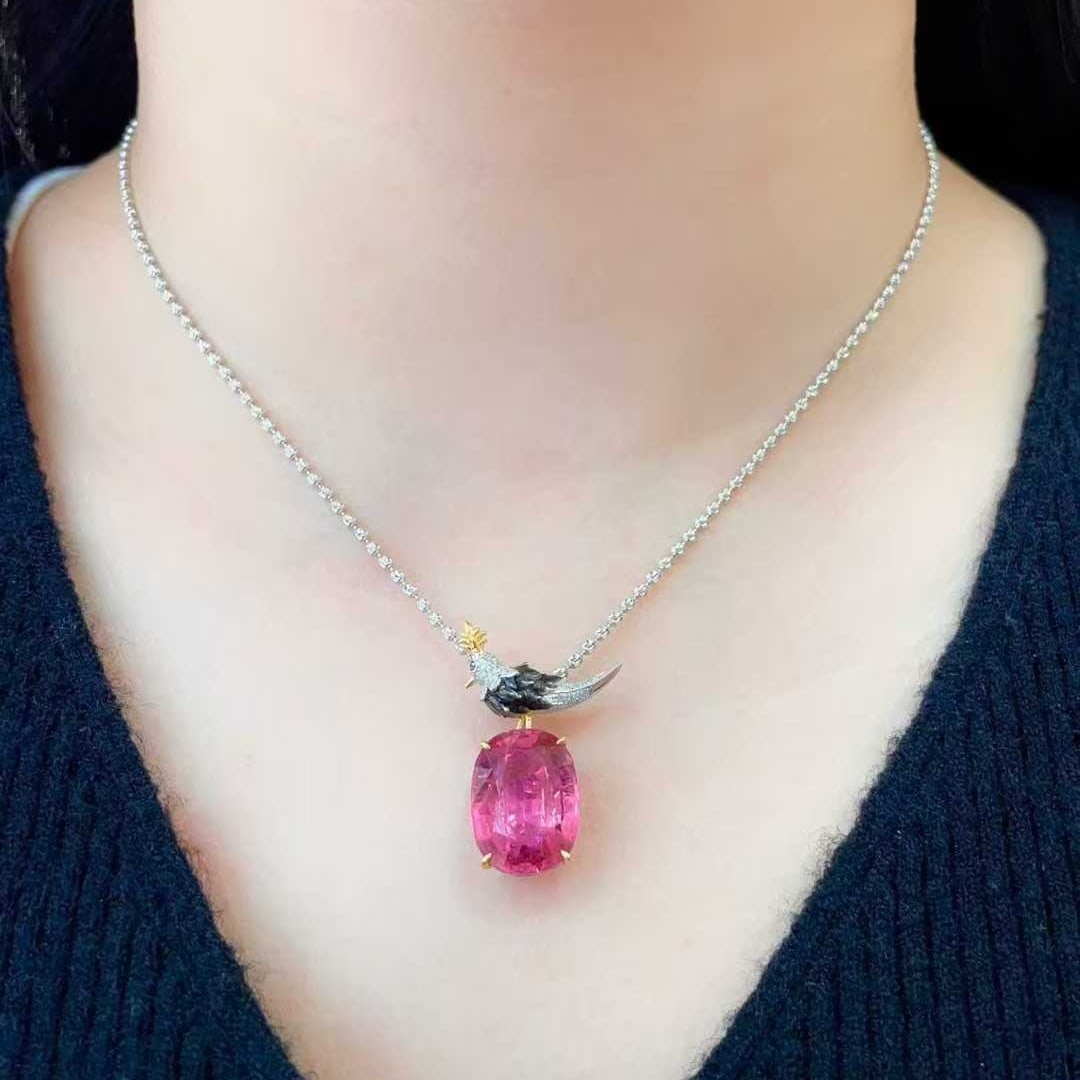 14k Gold 9.05 Ct Natural Tourmaline & Diamond Pendant( Without Chain ) - 6