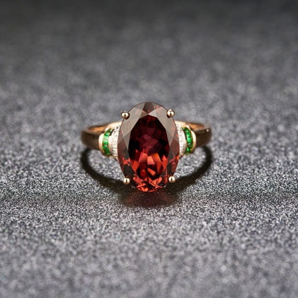 14k Gold 4.5 Ct Natural Tourmaline & Diamond & Tsavorite Ring: Ref:231129201 // gold content:14k gold // ring size:7. 25us // // main gemstone:tourmaline // shape:oval // carat weight:4. 5ct // color:red // treatment:natural // // adjacent gemstone 2 :