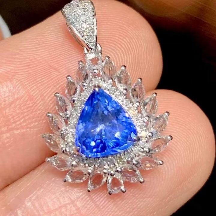 14k Gold 1.25 Ct Natural Sapphire & Diamond & Sapphire Pendant( Without Chain ) - 4