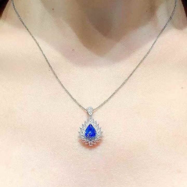 14k Gold 1.25 Ct Natural Sapphire & Diamond & Sapphire Pendant( Without Chain ) - 5