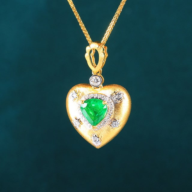 14k Gold 0.76 Ctw Vivid Green Natural Emerald & Diamond Pendant( Without Chain ) - 3