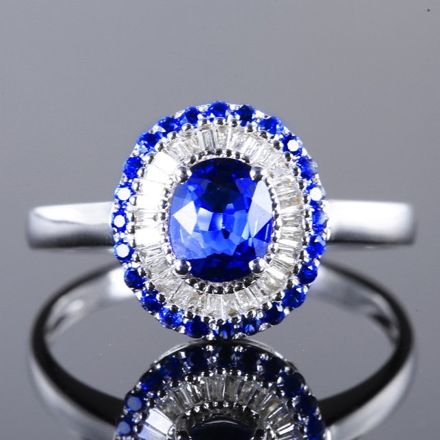 14k Gold 1.19 Ctw Natural Sapphire & Sapphire Ring: Ref:231129219 // gold content:14k gold // ring size:7. 25us // // main gemstone:sapphire // shape:oval // carat weight:0. 95ct // color:blue // treatment:natural // // adjacent gemstone 2 :