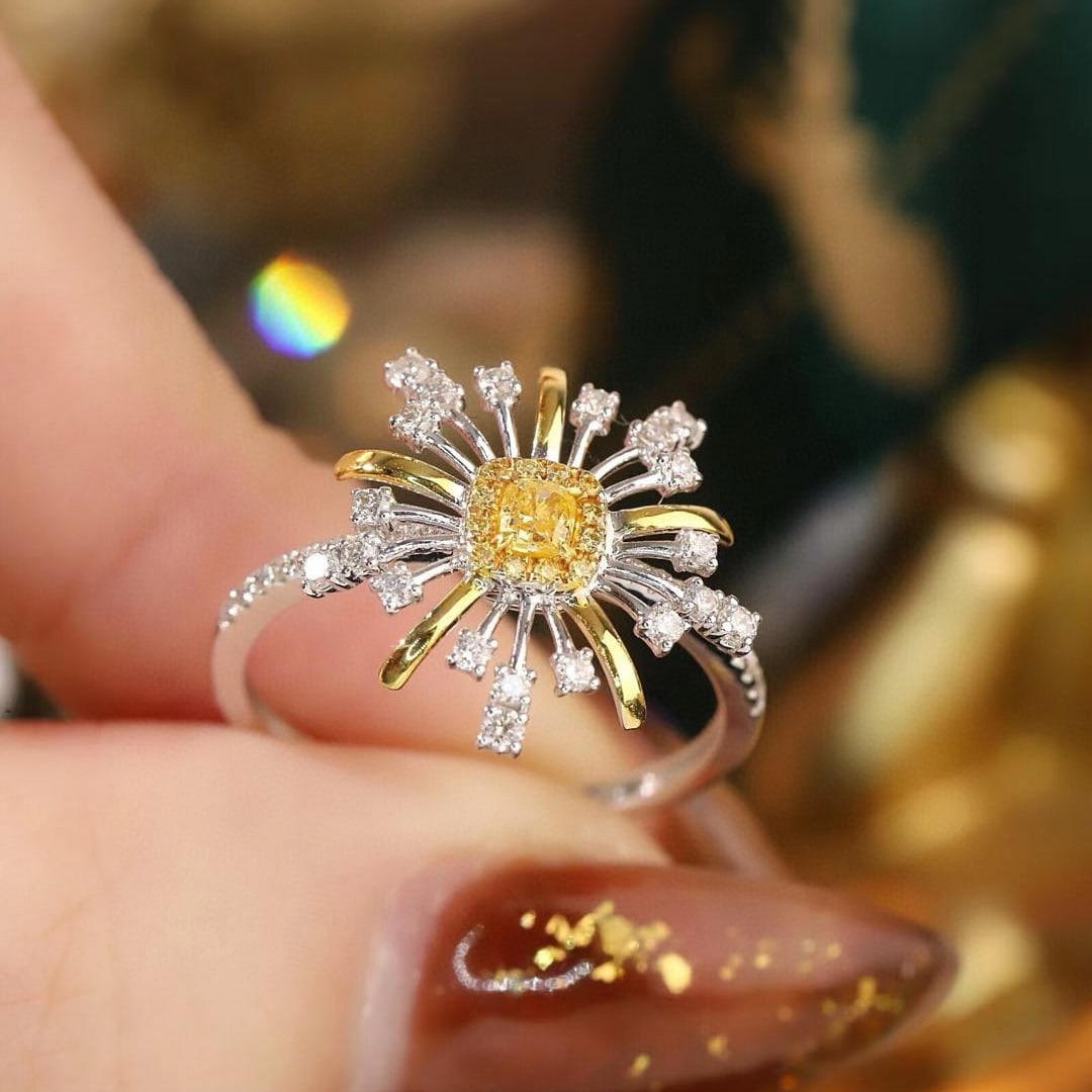 14k Gold 0.55 Ctw Natural Yellow Diamond & Diamond Ring - 5