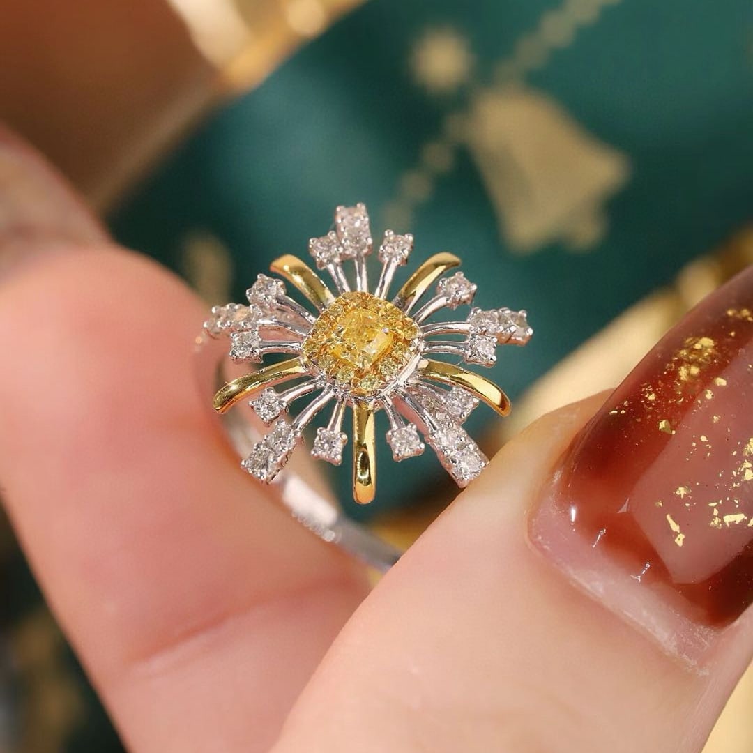 14k Gold 0.55 Ctw Natural Yellow Diamond & Diamond Ring - 7