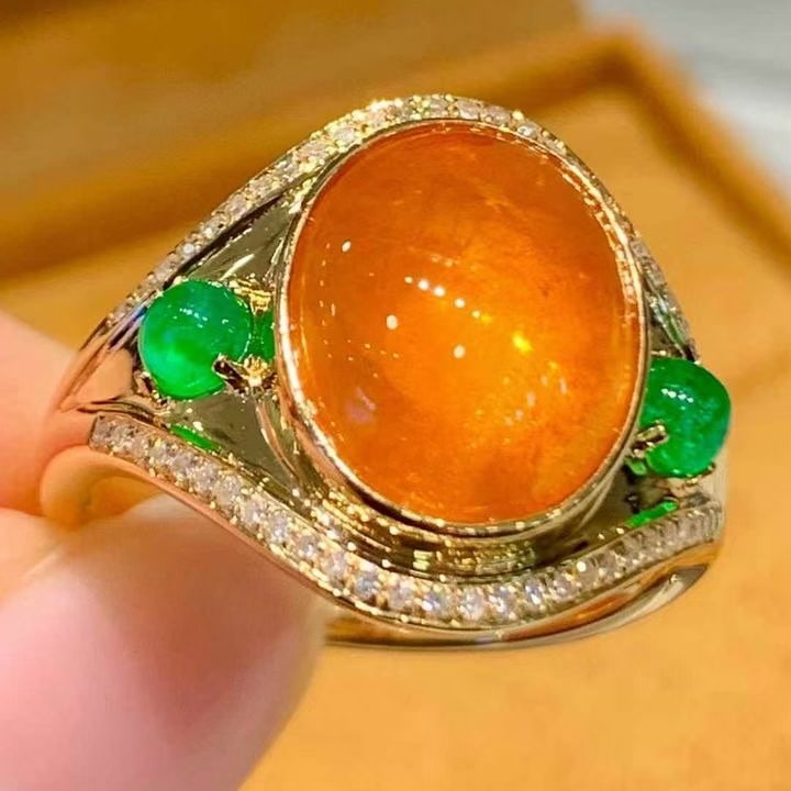 14k Gold 8.2 Ct Natural Spessartine & Diamond & Emerald Ring - 4