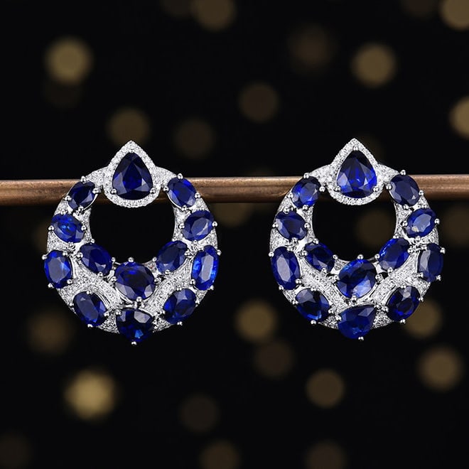 14k Gold 8.51 Ctw Natural Sapphire & Diamond Earrings: Ref:231130007 // gold content:14k gold // main gemstone:sapphire // shape:multiple // carat weight:8. 02ct // color:blue // treatment:natural // // adjacent gemstone 2 : diamond // number of stones:24