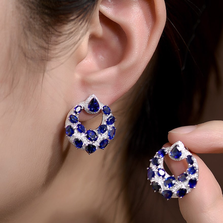 14k Gold 8.51 Ctw Natural Sapphire & Diamond Earrings - 7