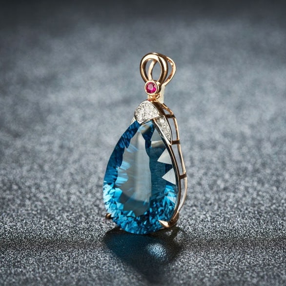 14k Gold 21.45 Ct Natural Topaz & Diamond & Ruby Pendant( Without Chain ) - 3