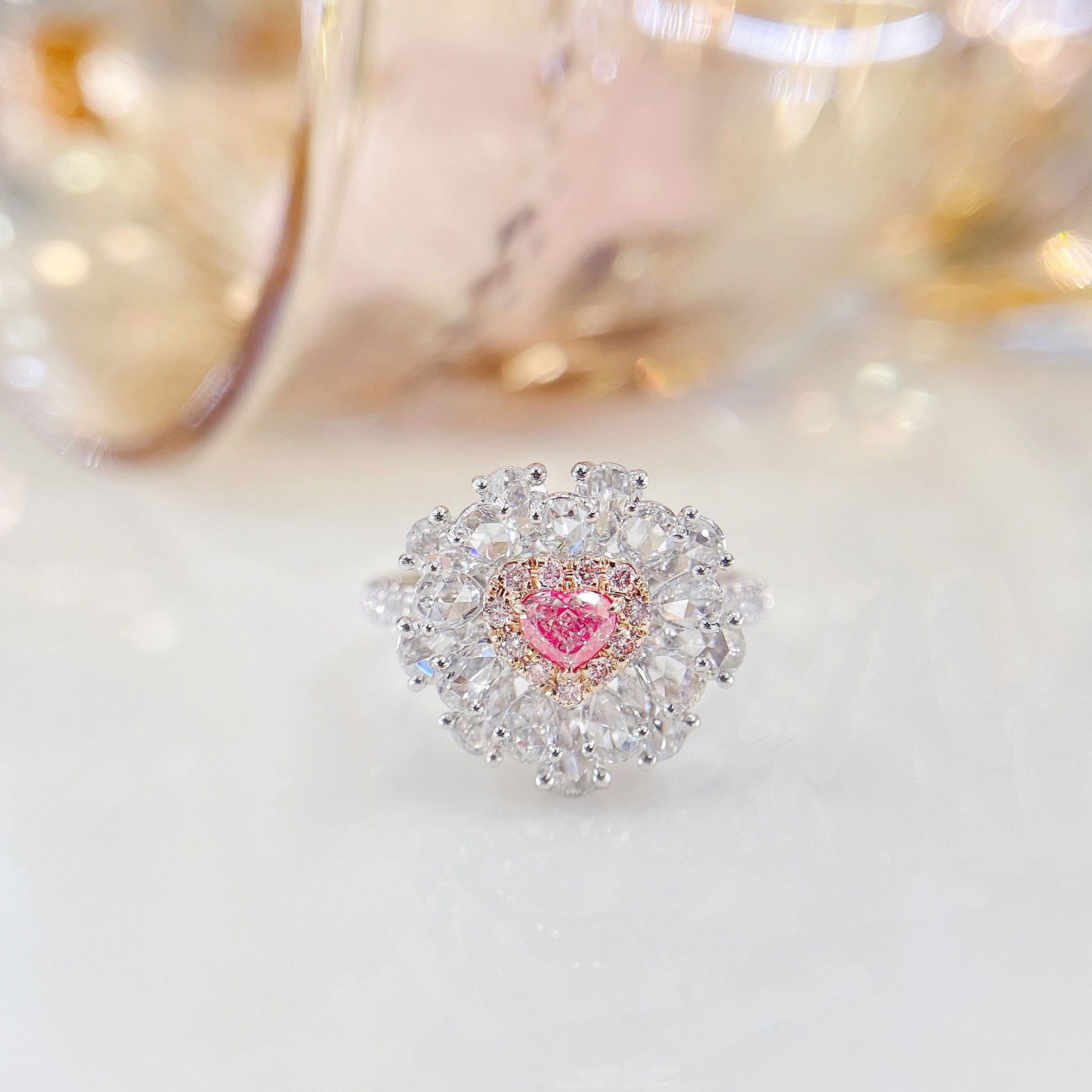 14k Gold 1.36 Ctw Natural Pink Diamond & Diamond Ring/pendant( Without Chain ): Ref:231130041 // gold content:14k gold // ring size:7. 25us // // main gemstone:pink diamond // shape:heart // carat weight:0. 21ct // color:pink // treatment:natural // // adjacent gemstone 2 :