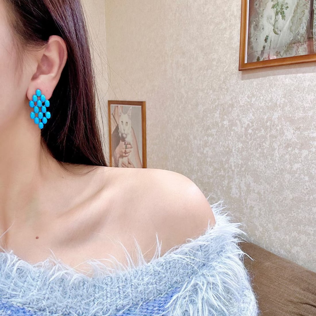 14k Gold 12.52 Ct Natural Blue Turquoise Earrings - 4