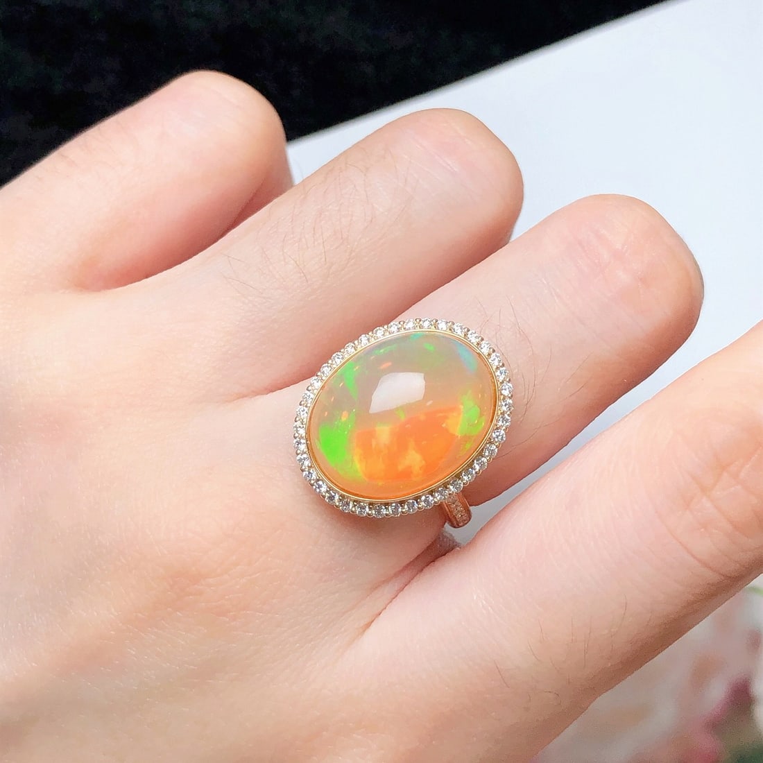 14k Gold 6.13 Ctw Natural Opal & Diamond Ring - 6