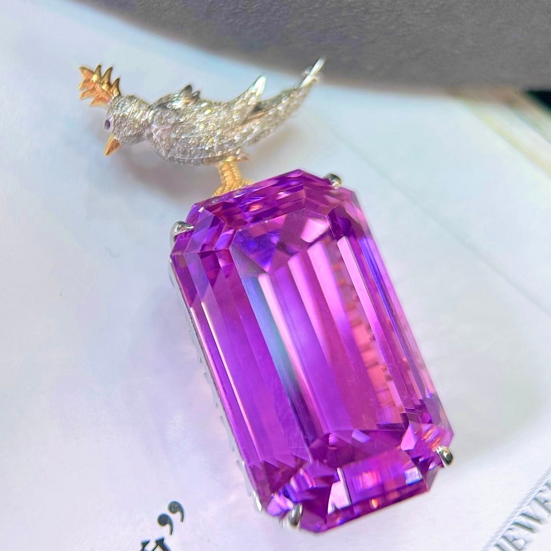 14k Gold 91.12 Ctw Natural Kunzite & Diamond Brooch/pendant( Without Chain ) - 2