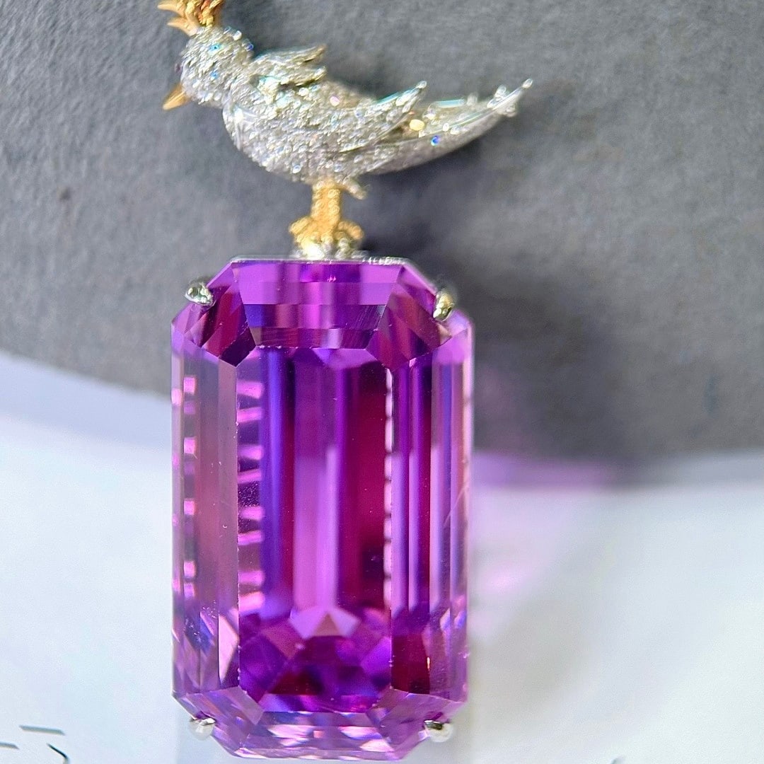 14k Gold 91.12 Ctw Natural Kunzite & Diamond Brooch/pendant( Without Chain ) - 4