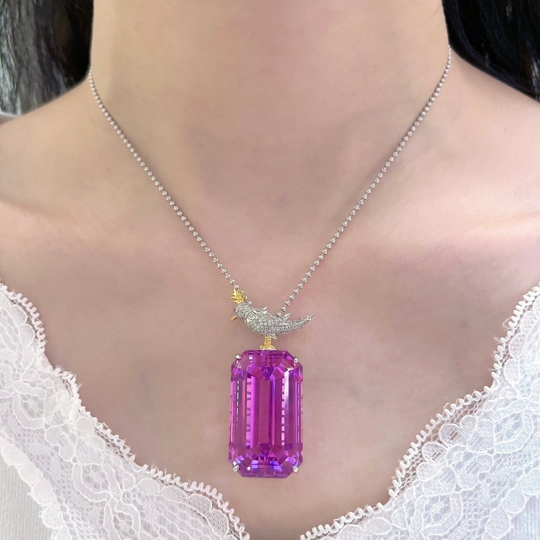 14k Gold 91.12 Ctw Natural Kunzite & Diamond Brooch/pendant( Without Chain ) - 8