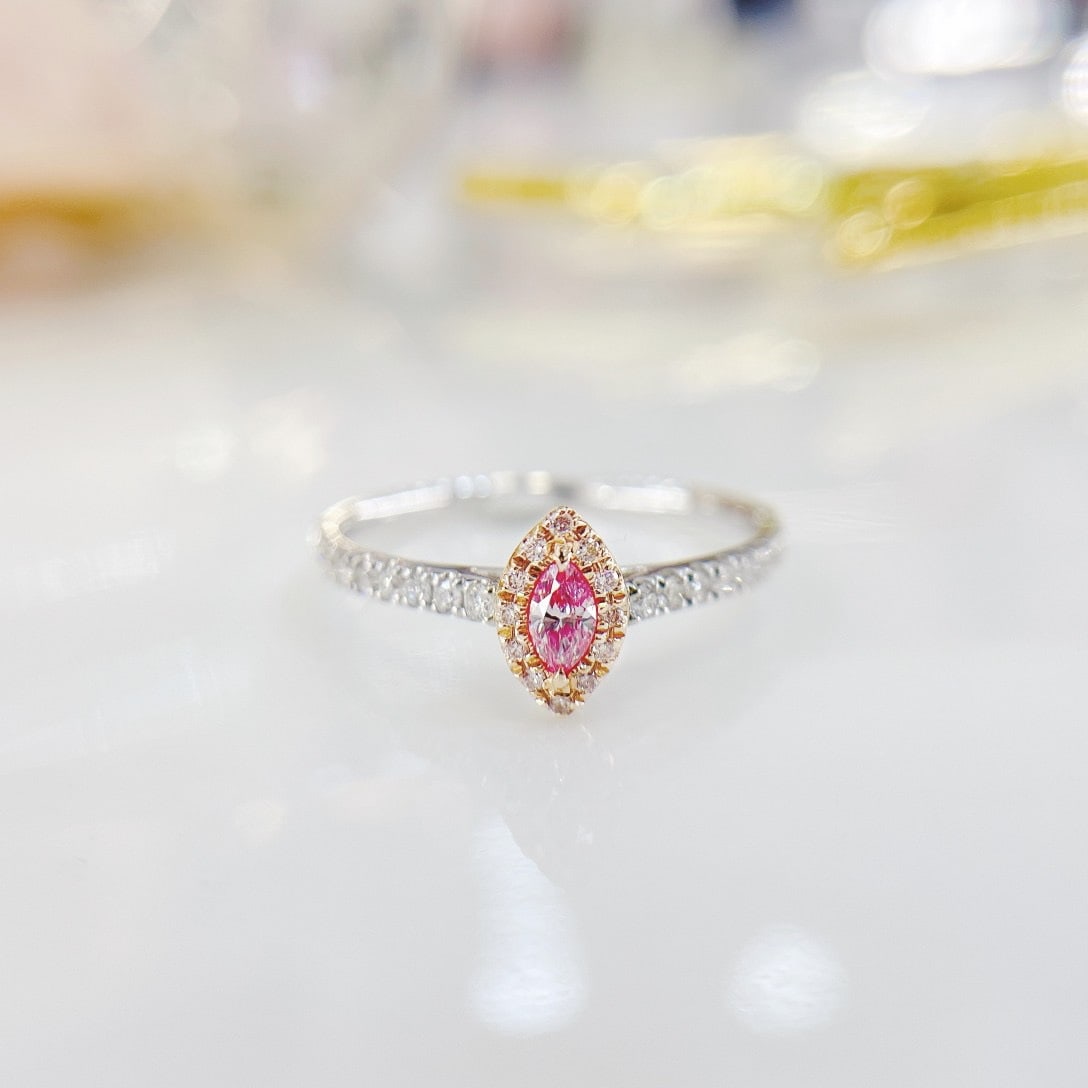 14k Gold 0.30 Ctw Natural Pink Diamond & Diamond Ring: Ref:231130101 // gold content:14k gold // ring size:7. 25us // // main gemstone:pink diamond // shape:marquise // carat weight:0. 09ct // color:pink // treatment:natural // // adjacent gemstone 2