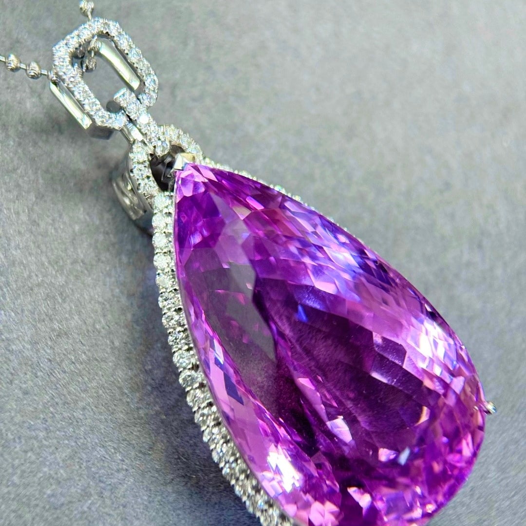 14k Gold 128.88 Ctw Natural Kunzite & Diamond Pendant( Without Chain ) - 2