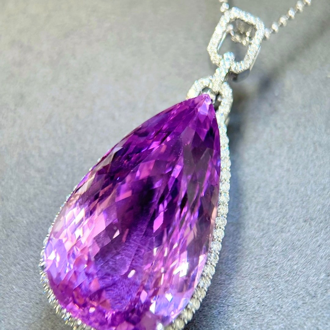 14k Gold 128.88 Ctw Natural Kunzite & Diamond Pendant( Without Chain ) - 3