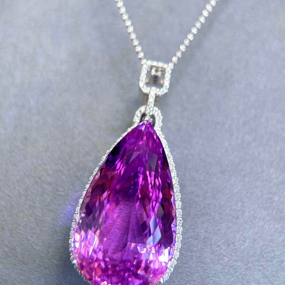 14k Gold 128.88 Ctw Natural Kunzite & Diamond Pendant( Without Chain ) - 4