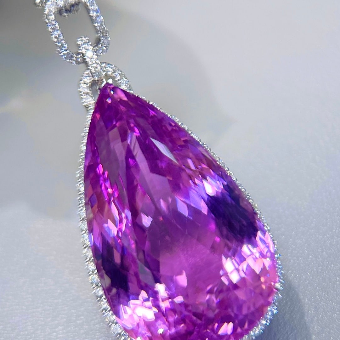 14k Gold 128.88 Ctw Natural Kunzite & Diamond Pendant( Without Chain ) - 5