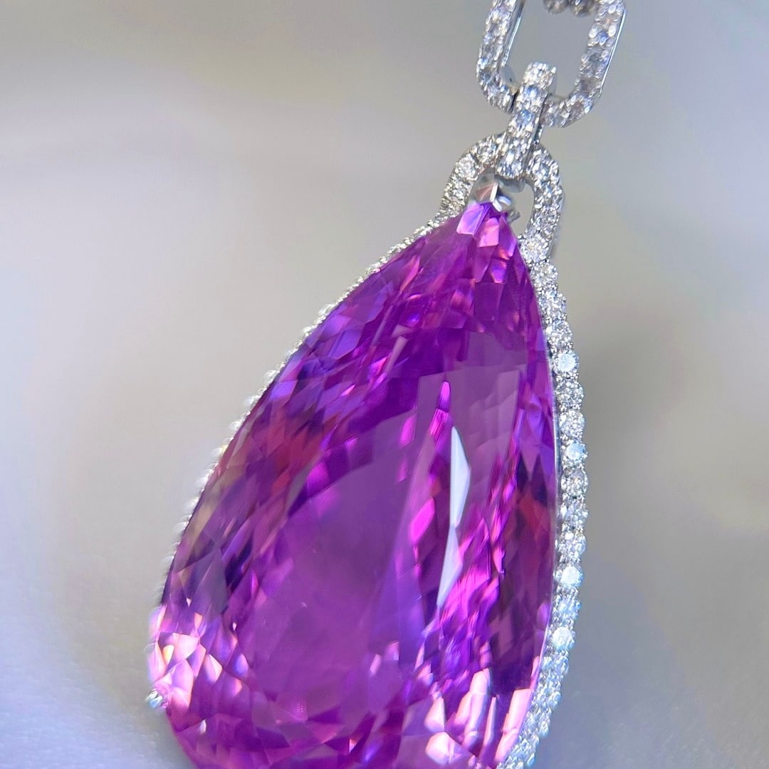 14k Gold 128.88 Ctw Natural Kunzite & Diamond Pendant( Without Chain ) - 6