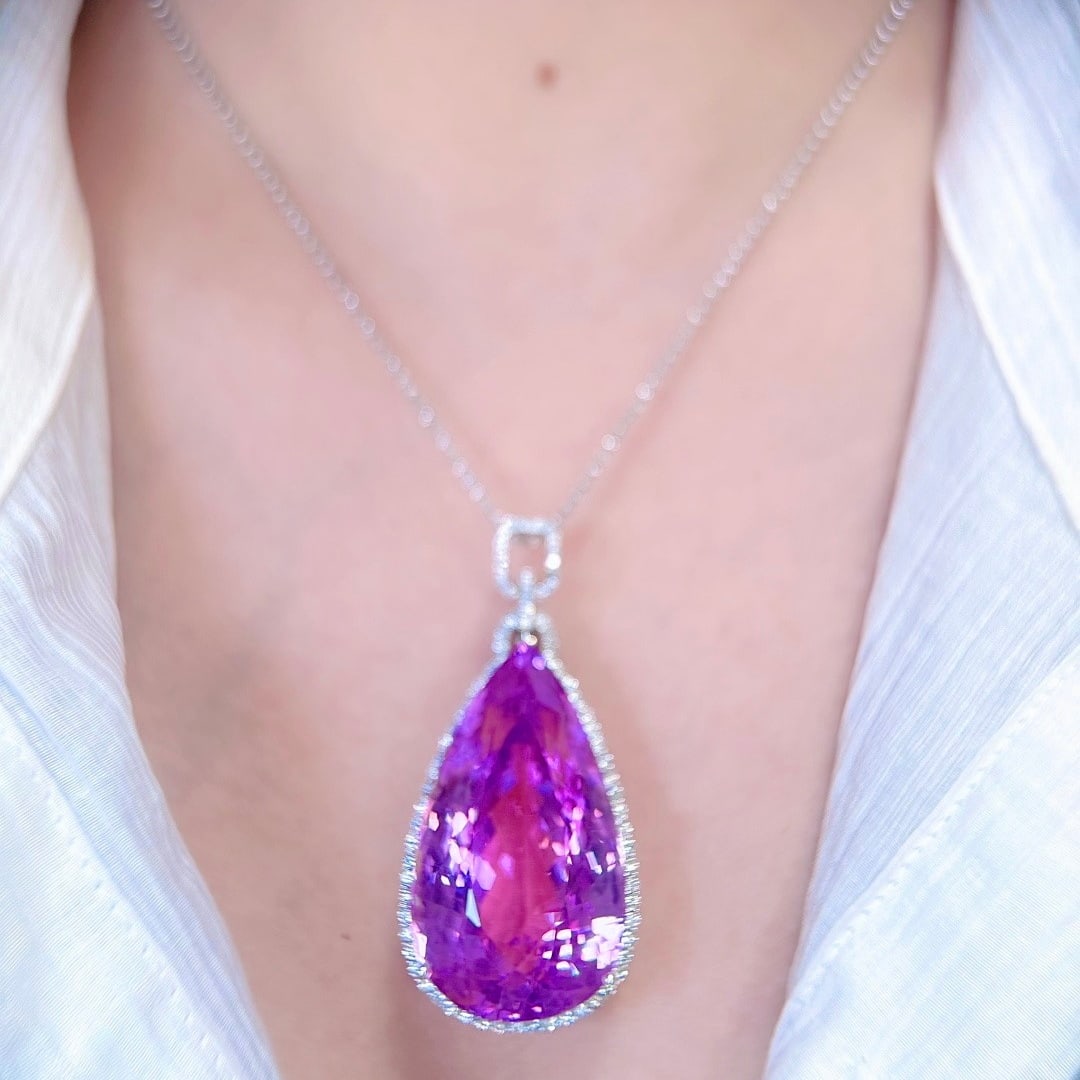 14k Gold 128.88 Ctw Natural Kunzite & Diamond Pendant( Without Chain ) - 7