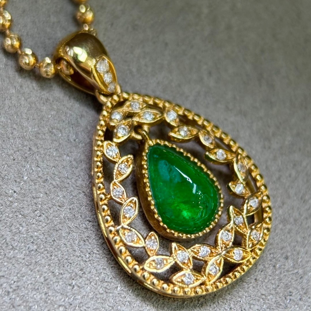 14k Gold 0.92 Ct Vivid Green Natural Emerald & Diamond Pendant( Without Chain ) - 3