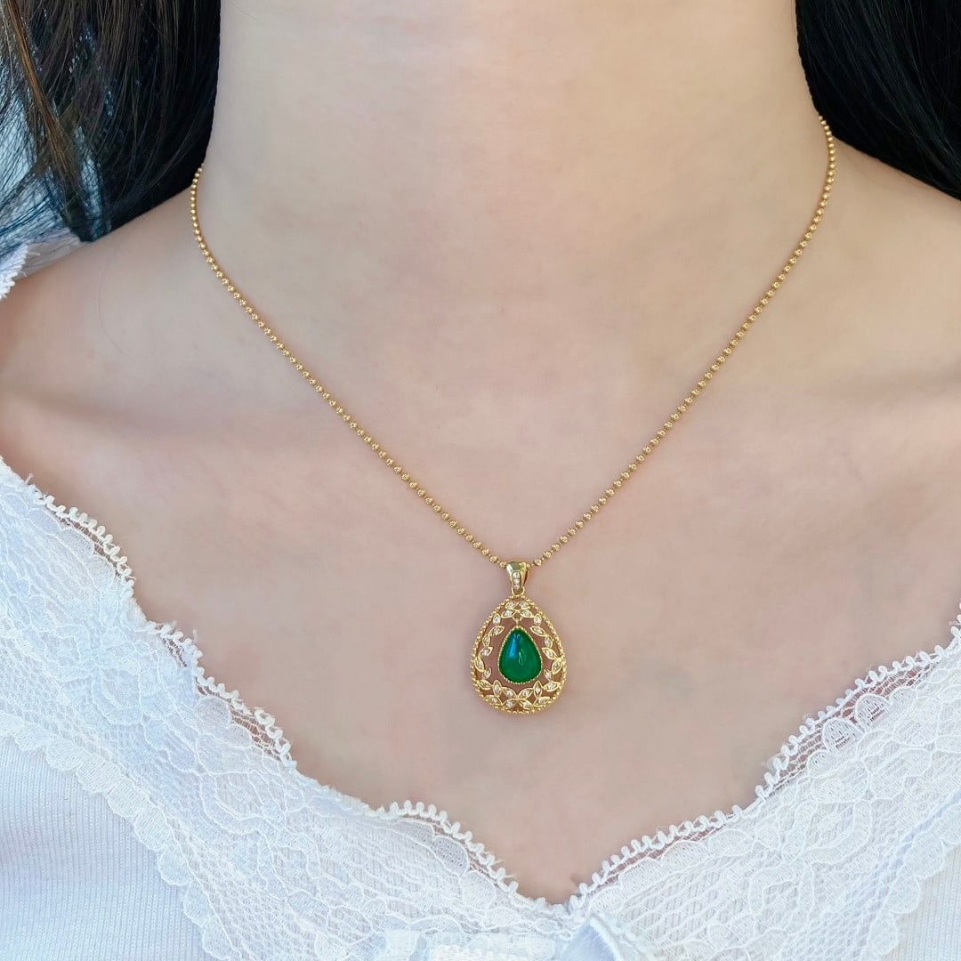 14k Gold 0.92 Ct Vivid Green Natural Emerald & Diamond Pendant( Without Chain ) - 6