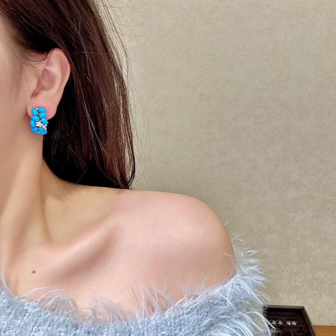 14k Gold 10.15 Ctw Natural Blue Turquoise & Diamond Earrings - 2