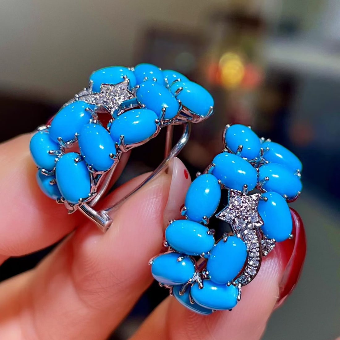 14k Gold 10.15 Ctw Natural Blue Turquoise & Diamond Earrings - 3