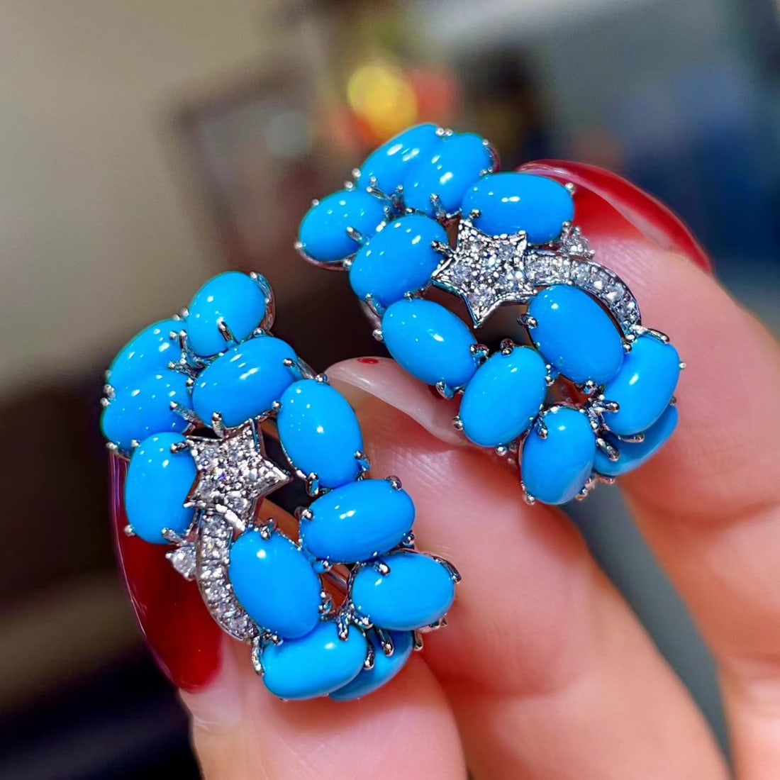 14k Gold 10.15 Ctw Natural Blue Turquoise & Diamond Earrings - 4