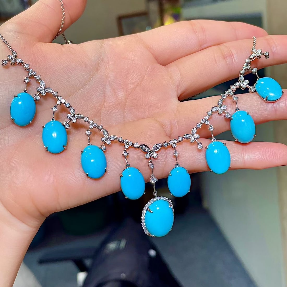 14k Gold 44.82 Ctw Natural Blue Turquoise & Diamond Necklace - 2