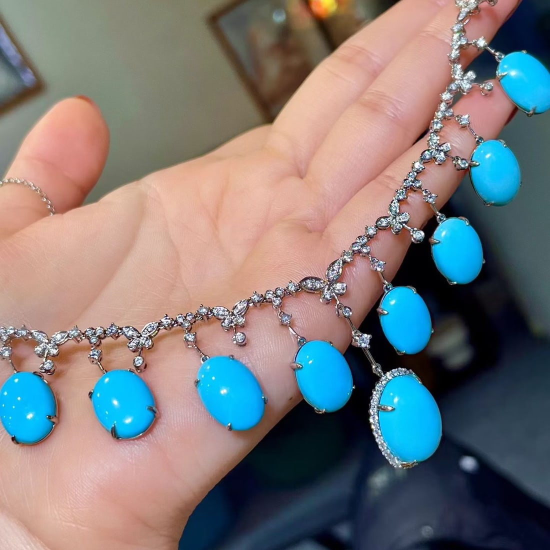 14k Gold 44.82 Ctw Natural Blue Turquoise & Diamond Necklace - 3