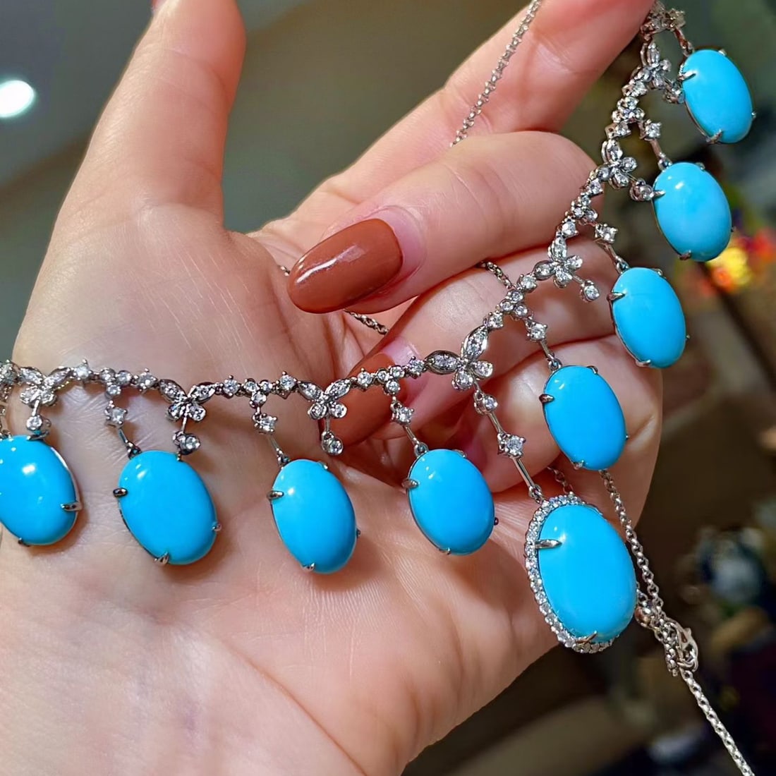 14k Gold 44.82 Ctw Natural Blue Turquoise & Diamond Necklace - 5