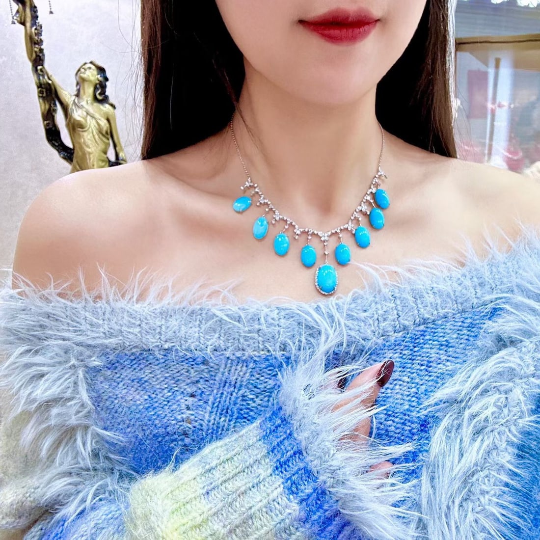 14k Gold 44.82 Ctw Natural Blue Turquoise & Diamond Necklace - 6